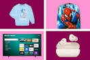 blue Sonic kids sweatshirt, Spider-Man kids luggage, Hisense TV, and Beats earbuds