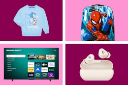 blue Sonic kids sweatshirt, Spider-Man kids luggage, Hisense TV, and Beats earbuds