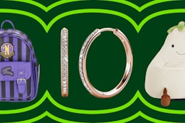 Wednesday mini backpack, Cate and Chloe earrings, white eggplant bean bag chair