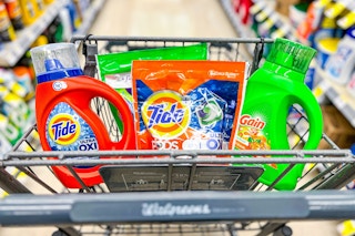 tide and gain laundry detergent products in a walgreens shopping cart