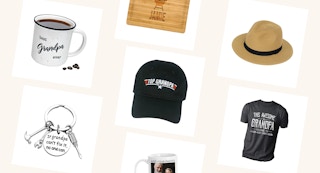 a top grandpa baseball hat surrounded by other gifts to give grandpa in a collage