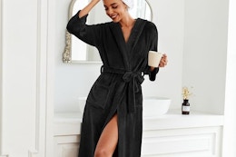 a woman wearing a fleece robe