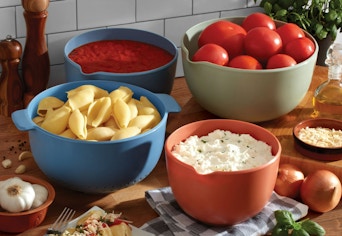 blue, green, and orange mixing bowl set