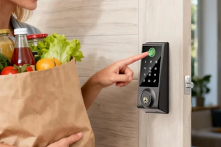 woman using Smart Door Lock to open up door