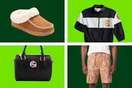 women's slippers, character jacket, minnie mouse purse, and men's shorts