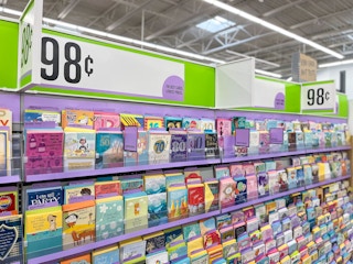 aisle of greeting cards at Walmart