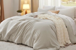  Bedsure Queen Size Comforter Set, Beige Soft Prewashed Bedding for All Seasons bedroom setting.