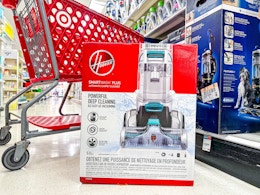 hoover smartwash carpet cleaning machine on target floor in front of cart