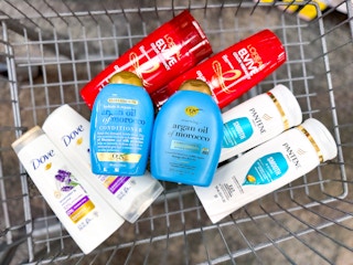 bottle of Pantene, OGX, L'Oreal Elvive and Pantene shampoo/conditioners