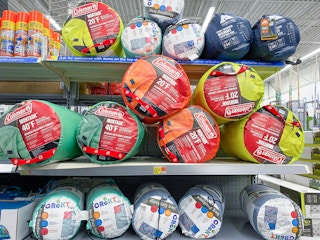 sleeping bags on walmart shelves in camping and outdoor section of store