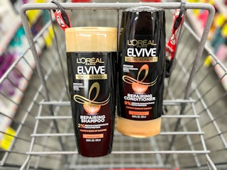 bottle of L'Oreal Elvive shampoo and conditioner inside shopping cart