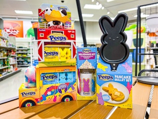 Peeps gift sets sitting on a wooden table at Target