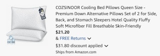 cooling pillow Amazon receipt