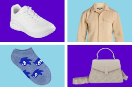 Skechers snackers, Sonice the Hedgehog socks, men's shacket, and purse