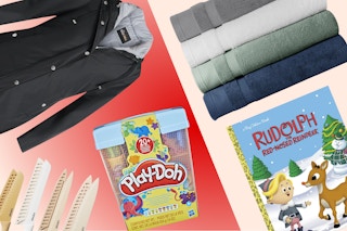 women's winter coat, Playdoh storage container, Carote knife set, Hotel Style towel stack, and Rudolph Big Golden Book