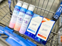 three bottles of secret whole body and two clinical deodorants in walmart cart