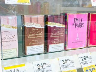 sabrina carpenter perfumes inside fragrance case at walgreens