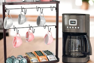 a mug organizer next to a coffee machine