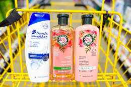 herbal essences and head and shoulders hair care in a yellow shopping cart