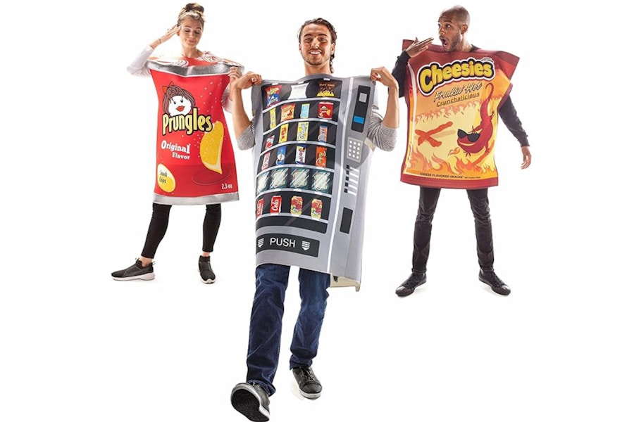 images of a family halloween costume of a vending machine and snacks