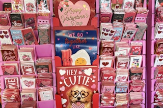 display of valentine's day cards at dollar tree