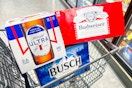 shopping cart with michelob, busch, and budweiser beer packs