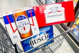 shopping cart with michelob, busch, and budweiser beer packs
