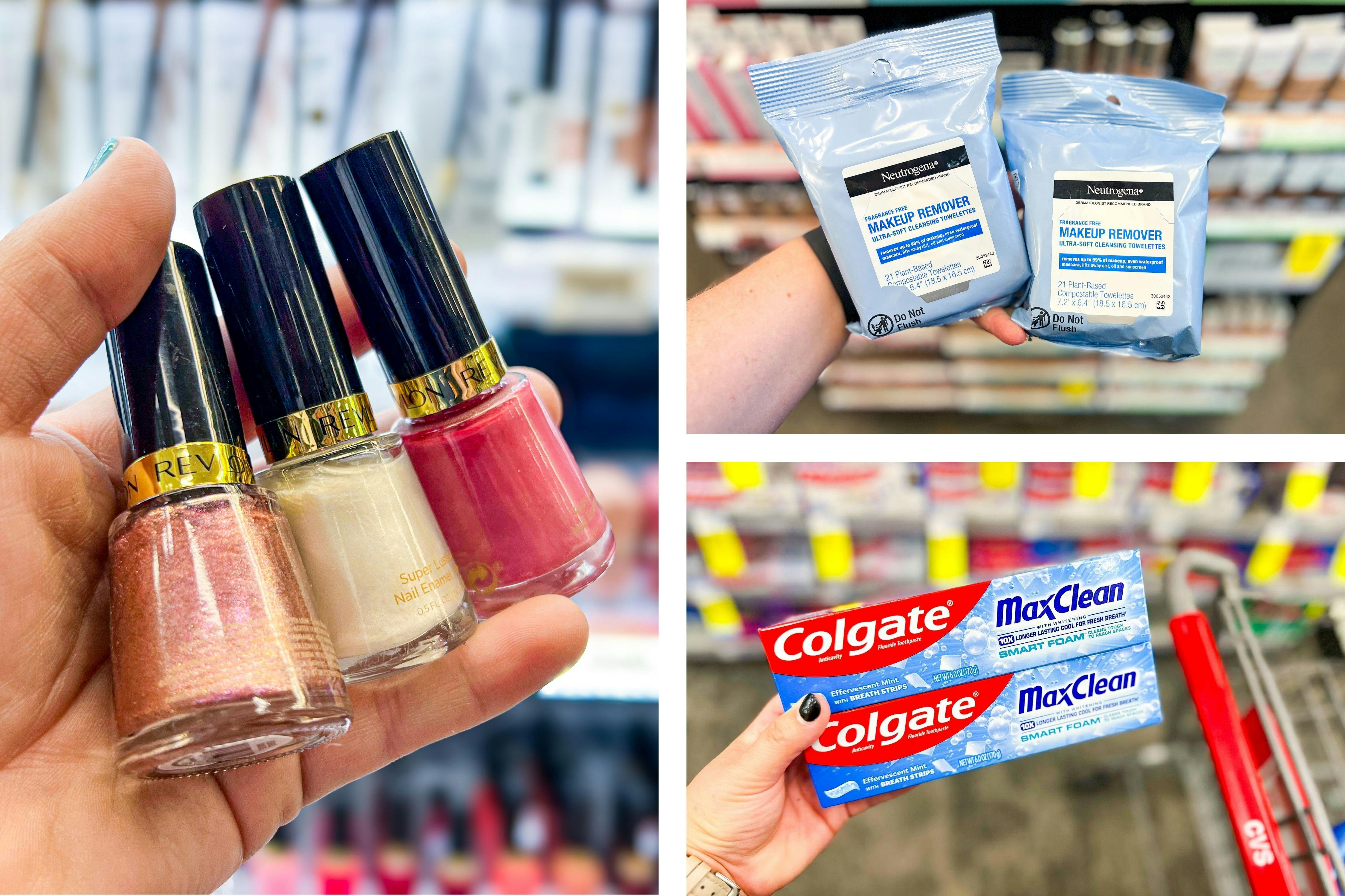 collage image of revlon nail polish, neutrogena makeup wipes, and colgate toothpaste