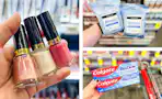 collage image of revlon nail polish, neutrogena makeup wipes, and colgate toothpaste