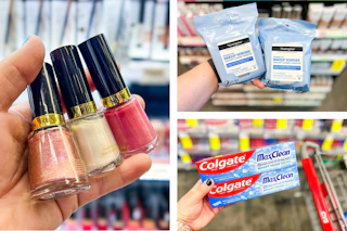 collage image of revlon nail polish, neutrogena makeup wipes, and colgate toothpaste
