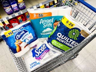 charmin, angel soft, scott, quilted northern toilet paper packs in a shopping cart
