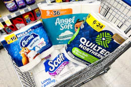 scott, charmin, quilted northern, and angel soft products in a shopping cart