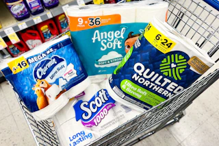 scott, charmin, quilted northern, and angel soft products in a shopping cart