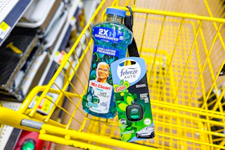 febreze car clip and mr. clean cleaner in yellow shopping cart