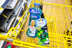 febreze car clip and mr. clean cleaner in yellow shopping cart