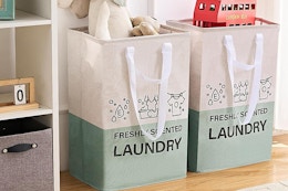 laundry baskets next to shelves