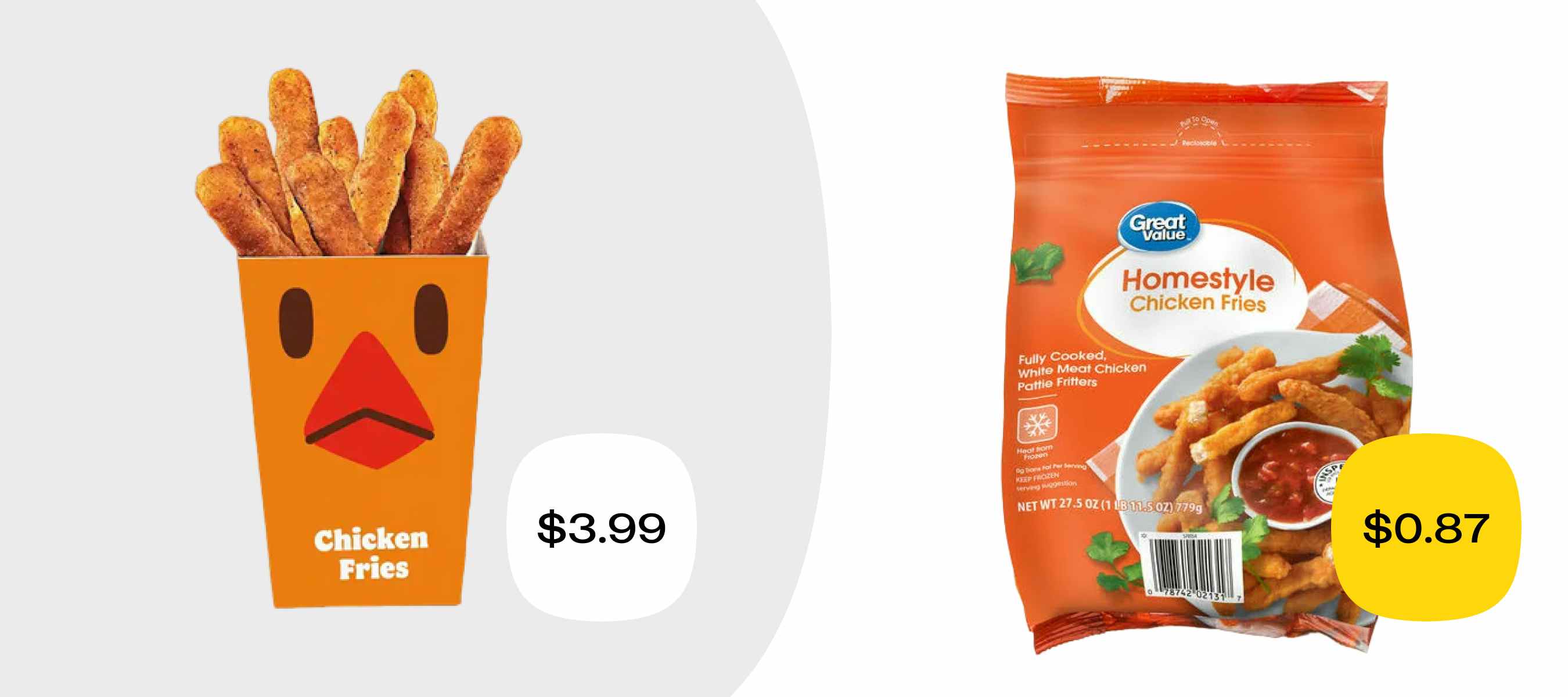 burger king chicken fries for $3.99 versus a similar item from walmart for $0.87