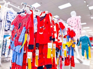 toddler pajama sets sitting on a target shelf
