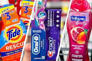 collage with tide rescue, oral b, crest, and softsoap
