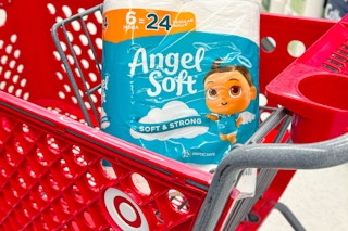 angel soft toilet paper 6-pack sitting in a target cart