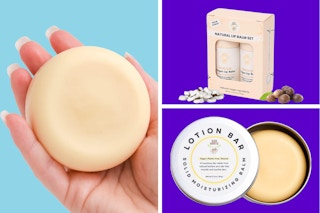 A hand holding a lotion bar, a package of two lip balms, a lotion bar in the package