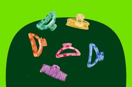 B0FFZ5KW8R Hair Clips. Set of 6 pinch claw clips, small to medium size, in orange, green, yellow, pink, blue, and purple