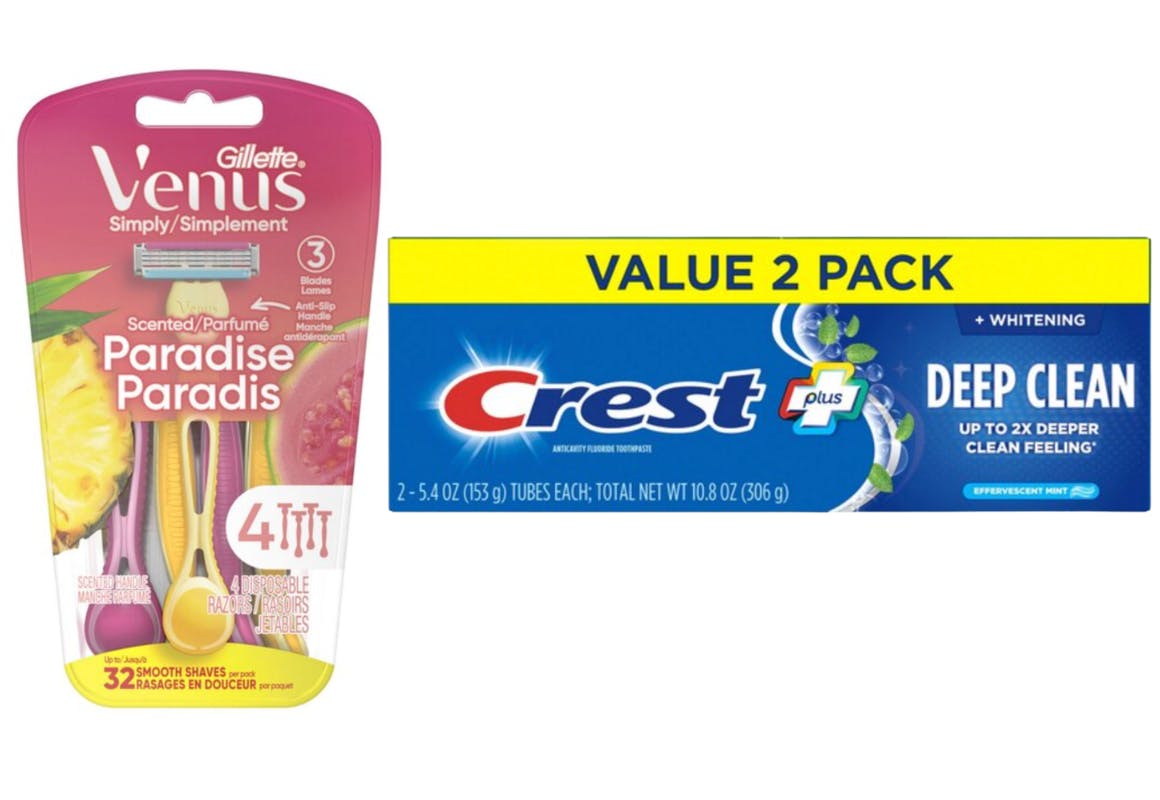 2 Gillette Venus Razors and 2 Crest Toothpastes