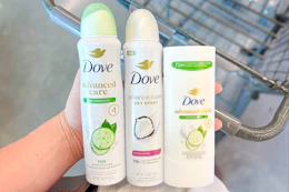 hand holding Dove deodorants over a shopping cart