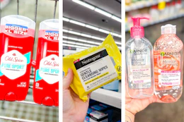 collage image of old spice deodorant, neutrogena wipes, and garnier micellar water