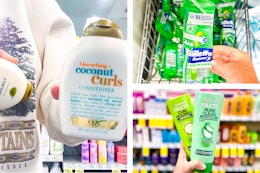 collage image of ogx shampoo, garnier shampoo, and gillette razor