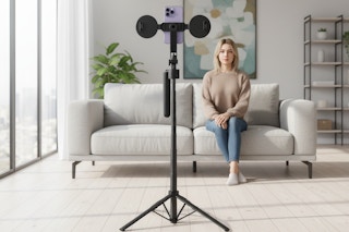 a woman facing a tripod