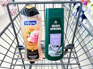 one bottle of Irish Spring and Softsoap body wash inside shopping cart