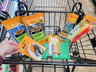 cart with bic school supplies including pens, pencils, highlighters, correction tape, and more