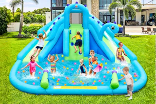 Lifestyle image of a inflatable water park set up outdoors